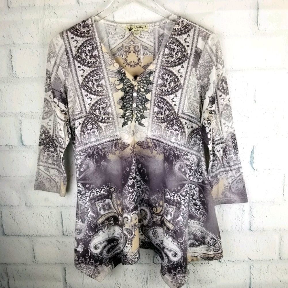 UNITY World Wear Ornate Assymetrical Tunic Top.